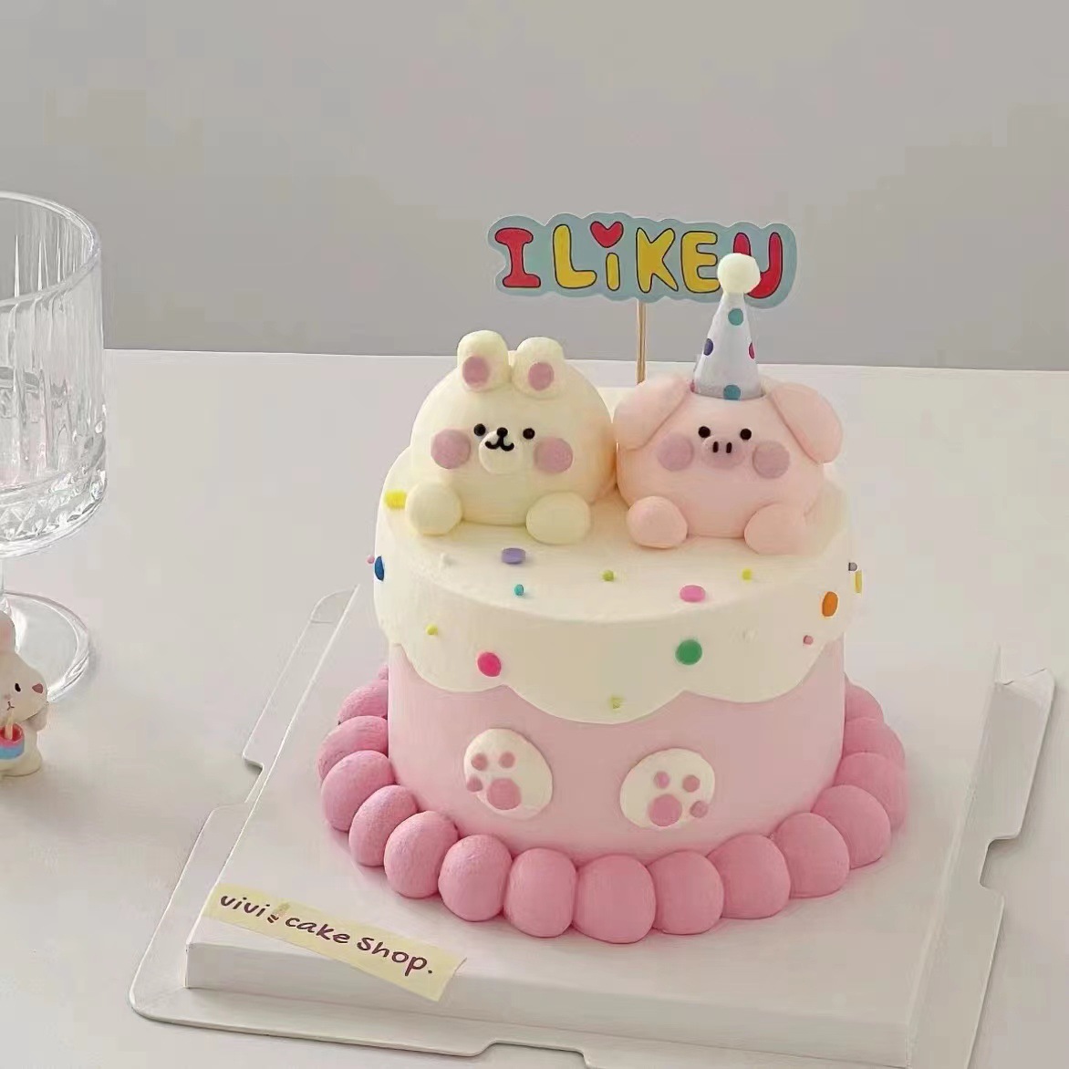 网红ins风蛋糕装饰可爱动物小猪兔子摆件情侣纪念日生日插件装扮