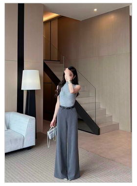 美娜灰色高腰阔腿裤女2026夏季新款高腰气质西裤宽松百搭长裤