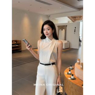 美娜法式条纹高级感显瘦百搭不规则领设计感2026衬衣