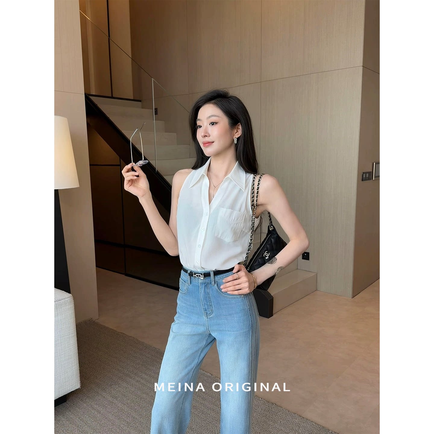 美娜亚麻天丝式复古简约百搭衬衫图片