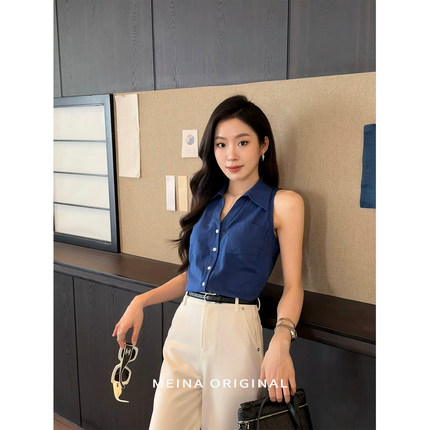 美娜亚麻小资法式气质复古无袖设计感显瘦百搭衬衫