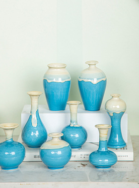 新品手工水器蓝色式小花办公室插花培公室花花瓶桌面摆件办公陶瓷