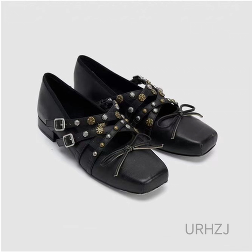 芭蕾舞鞋2025新款秋季铆钉复古玛丽珍小皮鞋方头黑色平跟单鞋女