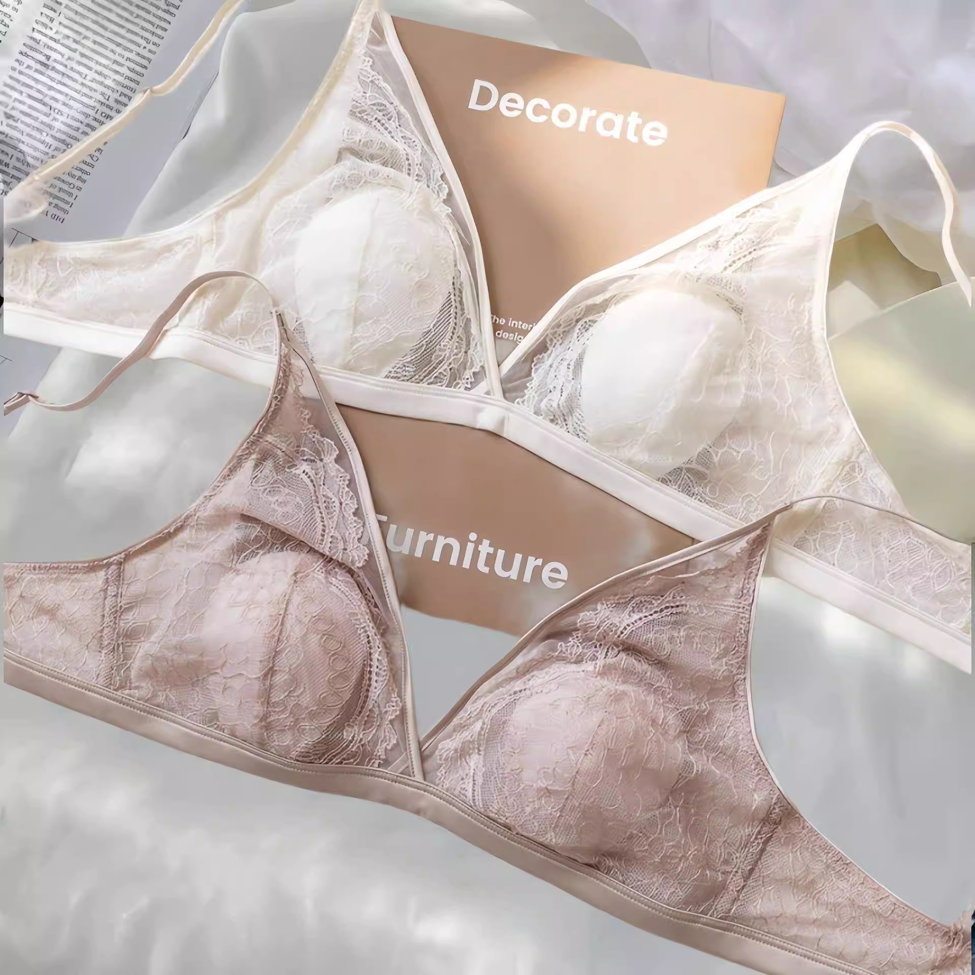 2024秋冬新款性感蕾丝法式三角杯轻薄桑蚕丝透气服帖文胸内衣女