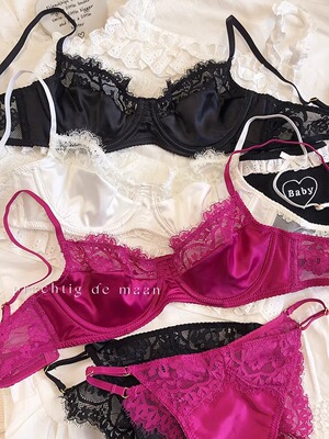 法式蕾丝性感缎面舒适薄内衣软钢圈上托防下垂大胸显小文胸套装