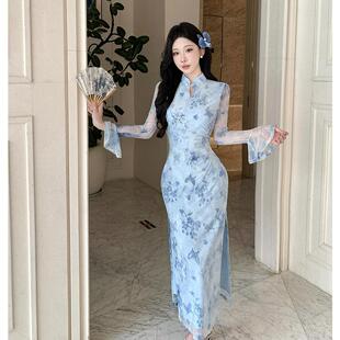 女装秋装150cm新款矮个子加小码XXS新中式旗袍网纱收腰连衣裙