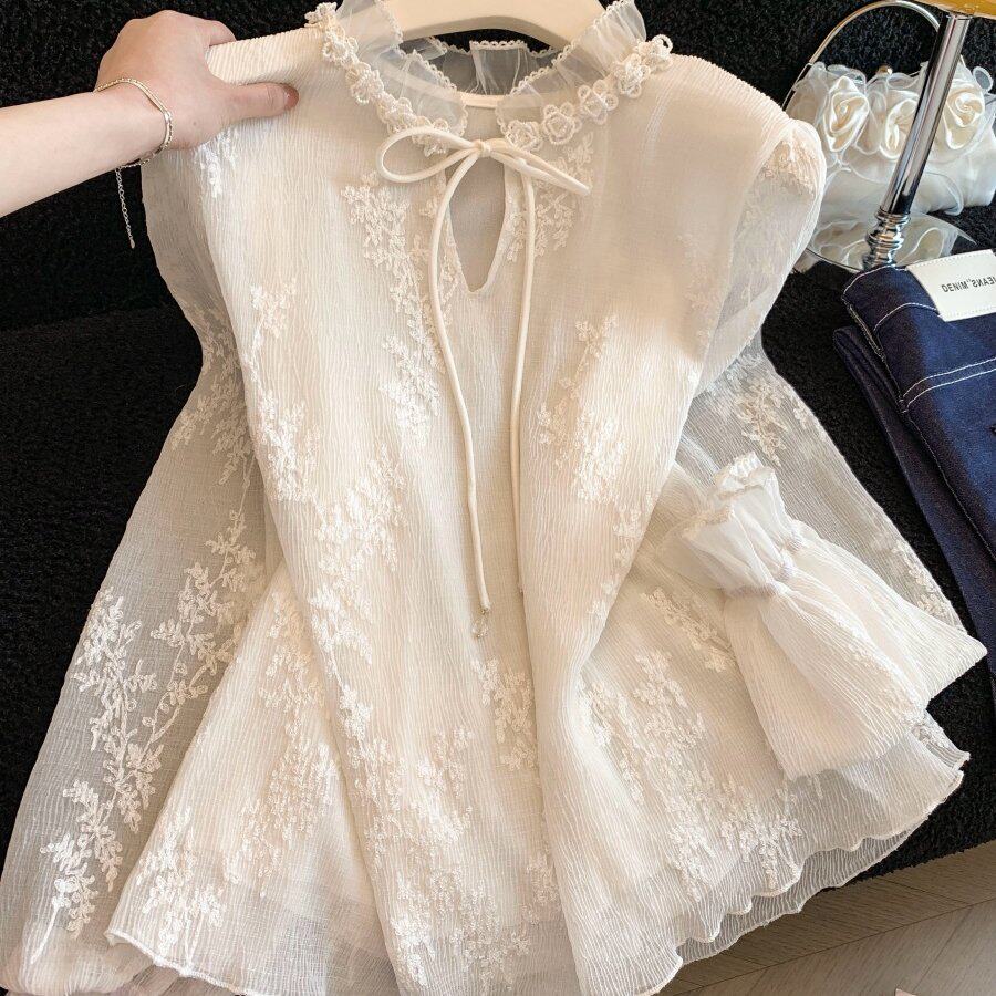 加小码女装秋装150cm新款小个子XXS系带木耳领蕾丝提花衬衫女长袖