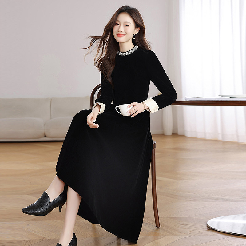 加小码女装秋装矮个子XXS150cm新款丝绒长袖连衣裙女时尚礼服裙