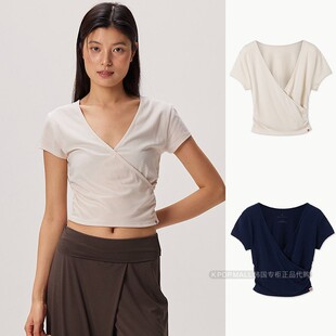 直邮 褶皱V领柔软亲肤健身休闲瑜伽短袖 BUDHI 修身 MUDRA 韩国代购