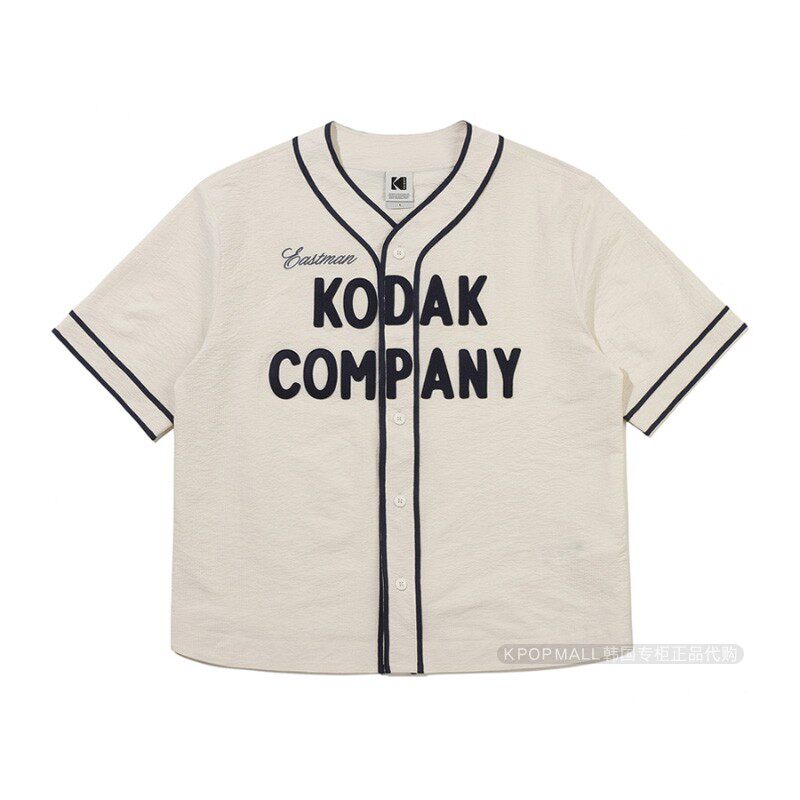 韩国代购 柯达KODAK复古棒球风短袖衬衫男女字母印花排扣休闲上衣