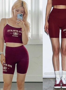 韩国代购RVD 网球运动风高腰骑行短裤 哈佛深红色 女款健身瑜伽裤