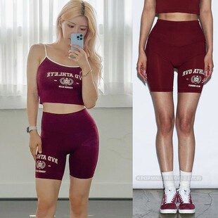 韩国代购RVD 网球运动风高腰骑行短裤 哈佛深红色 女款健身瑜伽裤