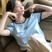 韩国代购 纯棉 T恤复古撞色滚边tee姜敏京同款 MARITHÉ经典 logo短袖