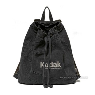 韩国代购 Kodak柯达牛仔双肩包男女抽绳休闲背包设计感黑色书包