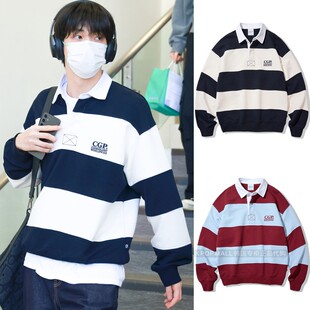 【CODEGRAPHY】TXT团SOOBIN同款韩版时尚条纹橄榄球卫衣 韩国代购