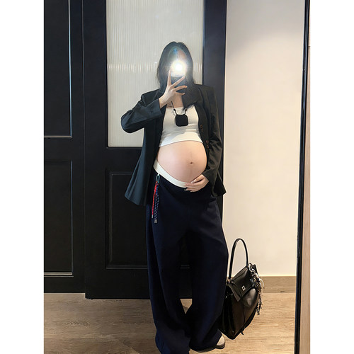 无托腹拼色腰头孕妇阔腿裤弯刀裤