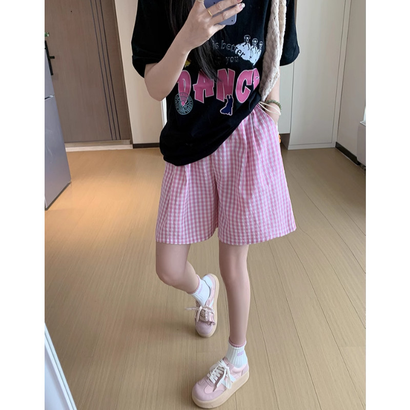 孕妇短裤夏季薄款外穿粉色格纹显瘦托腹直筒五分宽松休闲阔腿裤子