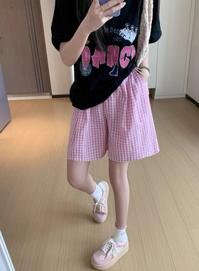 孕妇短裤夏季薄款外穿粉色格纹显瘦托腹直筒五分宽松休闲阔腿裤子