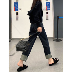 孕妇卷边直筒牛仔裤九分春秋冬季2023新款外穿阔腿裤秋装打底长裤