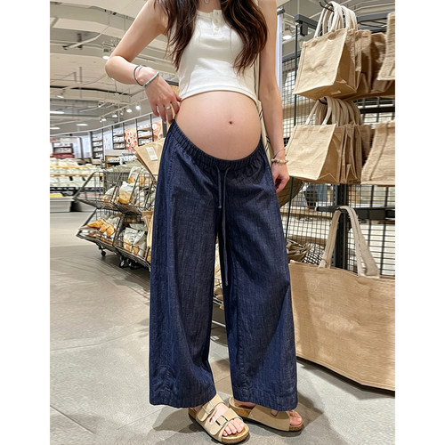 无托腹孕妇天丝牛仔裤九分夏季薄款外穿不勒肚子深蓝色显瘦阔腿裤
