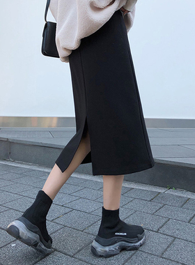 孕妇半身裙子夏季黑色显瘦开叉包臀托腹直筒裙中长款一步裙春秋款