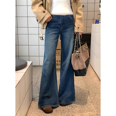 复古蓝孕妇喇叭牛仔裤子冬季外穿2025新款加绒加厚托腹显瘦阔腿裤