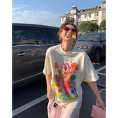 上衣女百搭显瘦花朵涂鸦印花宽松圆领短袖 2025新款 T恤 夏装 孕妇装