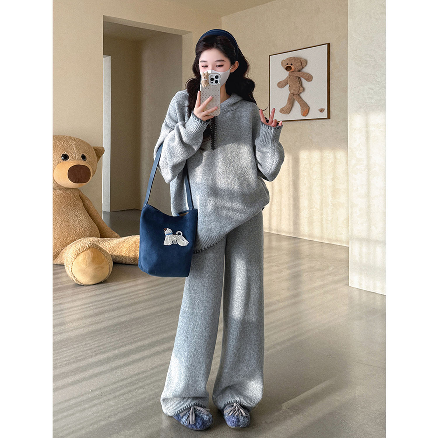 AUMS孕妇针织连帽毛衣阔腿裤