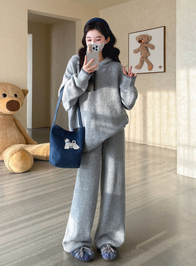 孕妇慵懒风套装2025新款宽松V领撞色连帽针织毛衣休闲阔腿裤秋季