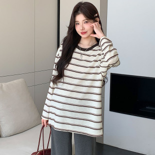 秋季 孕妇套装 宽松显瘦圆领条纹上衣直筒阔腿裤 2025新款 两件套 秋装