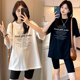 春夏两件套 宽松圆领字母印花T恤上衣五分打底裤 孕妇套装 2025新款