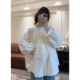 上衣女2026新款 衬衣春装 法式 娃娃衫 宽松压褶立领花边泡泡袖 孕妇装