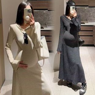 孕妇连衣裙春装2026新款简约V领收腰显瘦连帽长袖条纹A字长裙春季