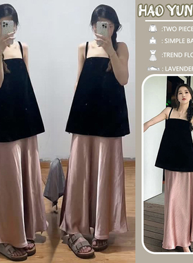 孕妇套装2025新款宽松显瘦黑色吊带抹胸上衣鱼尾半身裙夏季两件套