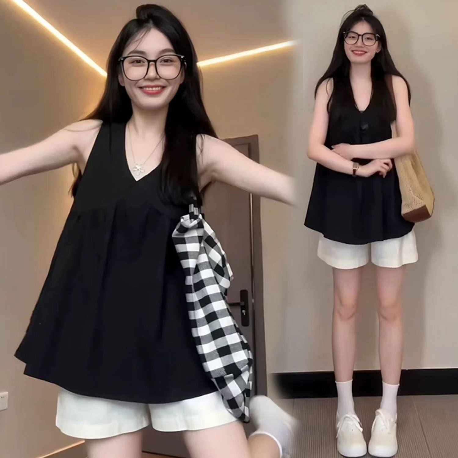 孕妇套装2025新款宽松V领无袖褶皱上衣女休闲阔腿短裤夏季两件套