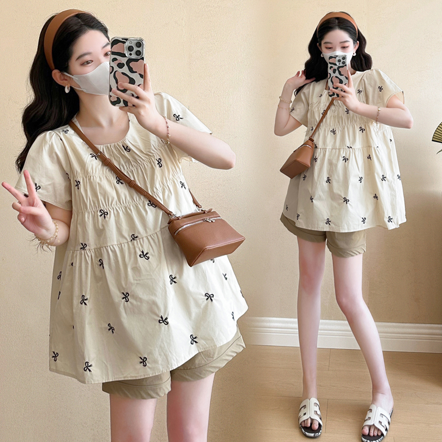 AUMS孕婦蝴蝶結印花娃娃衫短褲