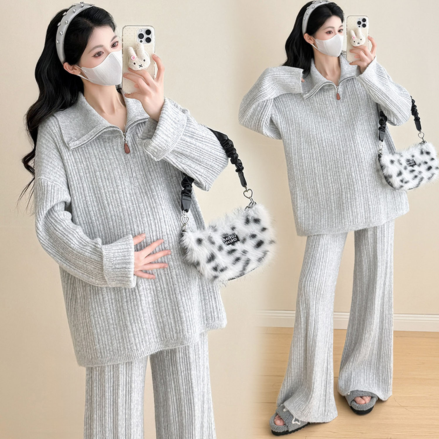 AUMS孕妇套装翻领毛衣阔腿裤