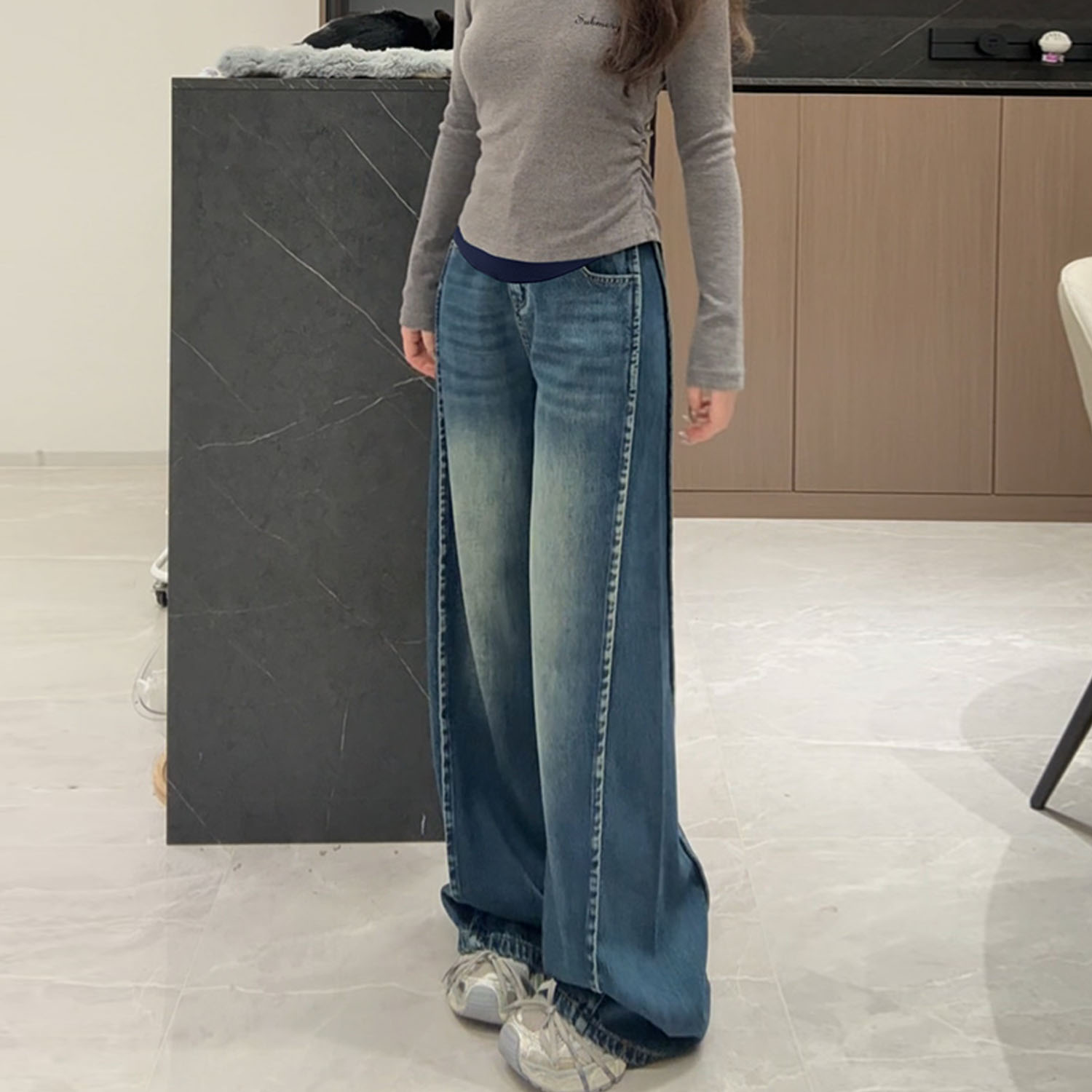 AUMS孕妇牛仔阔腿裤直筒百搭