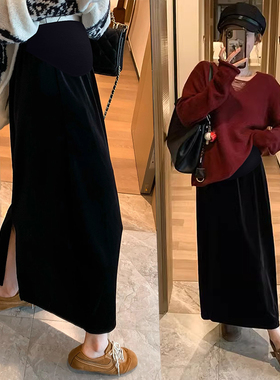 孕妇开叉半身裙秋冬季中长款黑色显瘦孕期托腹A字丝绒包臀一步裙