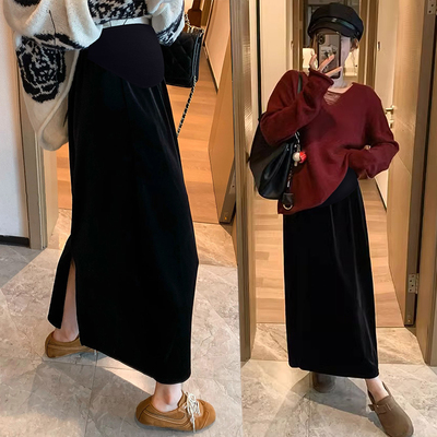 孕妇开叉半身裙秋冬季中长款黑色显瘦孕期托腹A字丝绒包臀一步裙