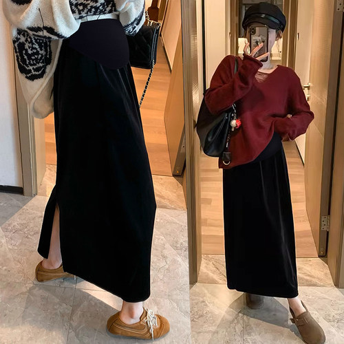 孕妇开叉半身裙春装中长款黑色显瘦孕期托腹A字丝绒包臀一步裙子
