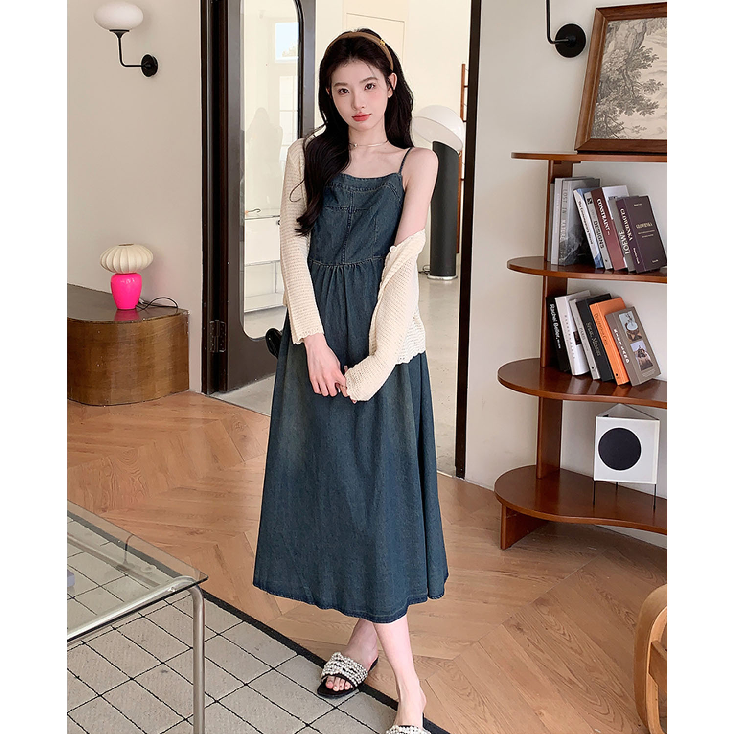 AUMS孕妇牛仔吊带连衣裙开衫