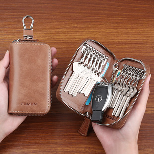 创意钥匙包男大容量真皮复古拉链钥匙收纳包多功能汽车锁钥包牛皮