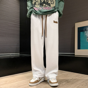 卫裤男2024春秋垂感oversize裤子宽松直筒阔腿长裤-K657-P38黑色图片