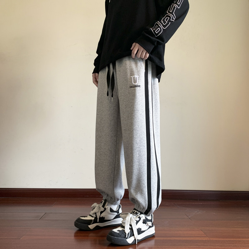 秋季裤子男侧边条纹宽松束脚大码美式运动休闲九分裤-K653-P50灰图片