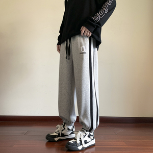 秋季裤子男侧边条纹宽松束脚大码美式运动休闲九分裤-K653-P50灰图片