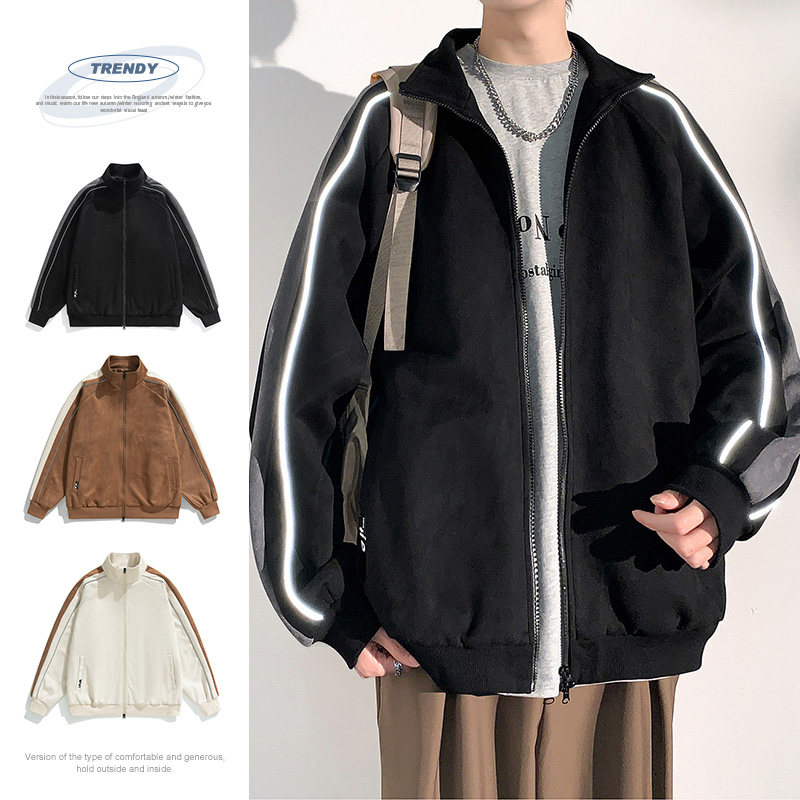 春季麂皮绒外套2024新款美式棒球服冲锋衣运动夹克-JK8802-P70黑图片