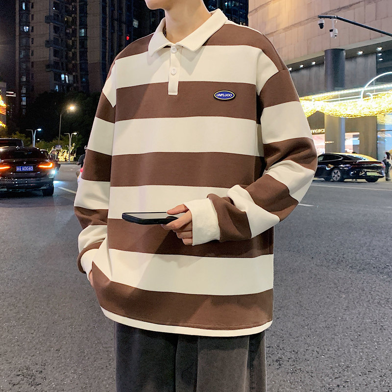 秋装男士polo衫翻领拼色条纹字母卫衣少年学生衣服-2381-宝蓝P55,男装卫衣,星座307-3(原516-1)