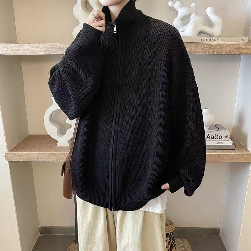 开衫毛衣男冬季日系复古宽松针织衫外穿拉链线衣外套-M653-P58黑,男装针织衫/毛衣,星座307-3(原516-1)