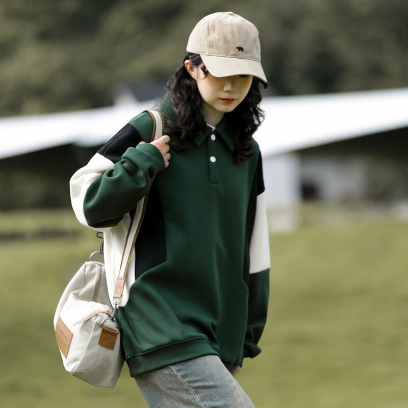 山系男女情侣款上衣设计感翻领23秋季拼接撞色卫衣-2385-米杏P55,男装卫衣,星座307-3(原516-1)